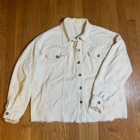 La Miel Raw Edge Ivory Relaxed Fit Corduroy Jacket Womens Large Button Pockets - Picture 1 of 11
